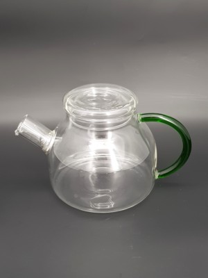 T-1000高硼硅耐熱玻璃花茶壺綠色手把凸蓋
